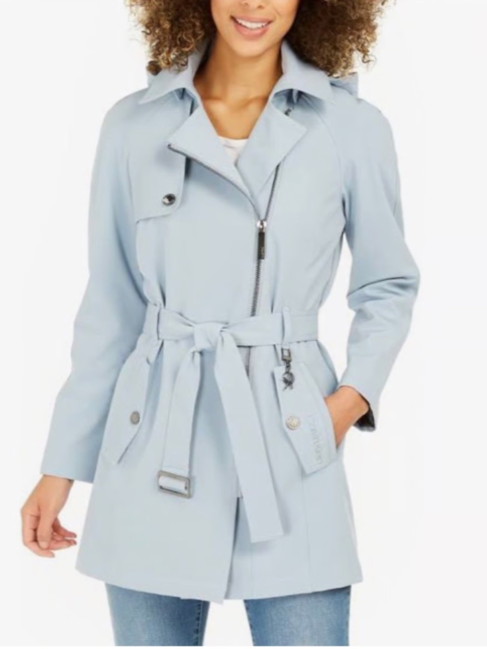 Calvin Klein Asymmetrical Belted Hooded Raincoat, Lt Blue SZ LG. NWT
